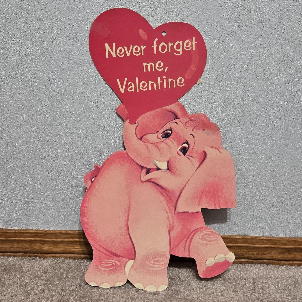 Vintage Pink Elephant Cardboard Die Cut‎ Valentine Decor Pink Elephant Heart - Picture 4 of 4